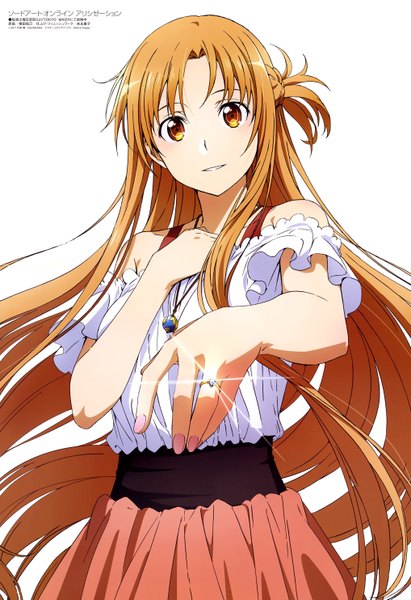 Anime picture 4072x5932 with sword art online a-1 pictures megami magazine yuuki asuna yokota takumi single tall image looking at viewer blush fringe highres breasts simple background smile brown hair standing white background bare shoulders brown eyes absurdres
