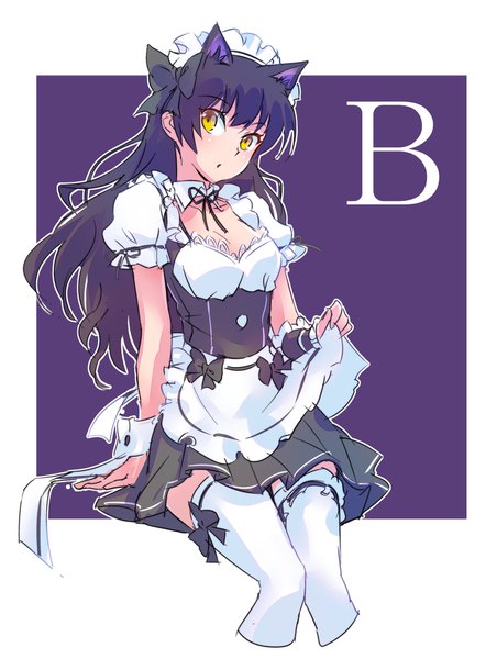 Anime picture 1280x1737 with rwby rooster teeth blake belladonna iesupa single long hair tall image looking at viewer black hair simple background animal ears yellow eyes cat ears short sleeves maid alternate costume puffy sleeves outline girl thighhighs