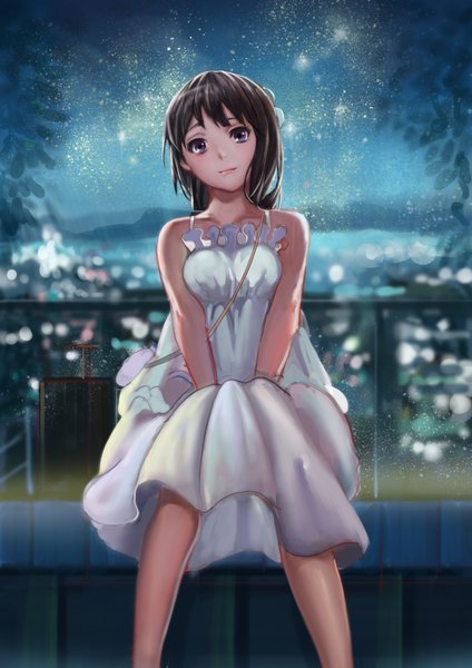 Anime picture 2480x3508 with hibike! euphonium kyoto animation kousaka reina destiny yama single long hair tall image looking at viewer fringe highres brown hair sitting purple eyes bare shoulders bent knee (knees) light smile night night sky city cityscape
