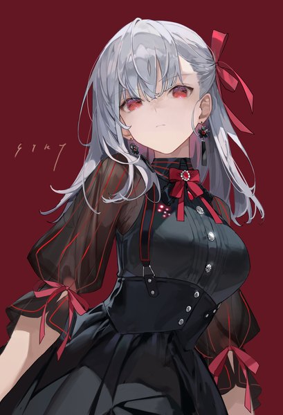 Anime picture 2388x3500 with fate (series) fate/stay night heaven's feel matou sakura dark sakura chyoel single long hair tall image looking at viewer fringe highres simple background hair between eyes red eyes standing silver hair red background girl dress