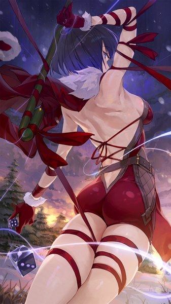 Anime picture 1620x2880 with genshin impact yelan (genshin impact) hxxg single tall image looking at viewer short hair blue eyes light erotic blue hair outdoors ass from behind back christmas bare back girl gloves ribbon (ribbons) plant (plants)