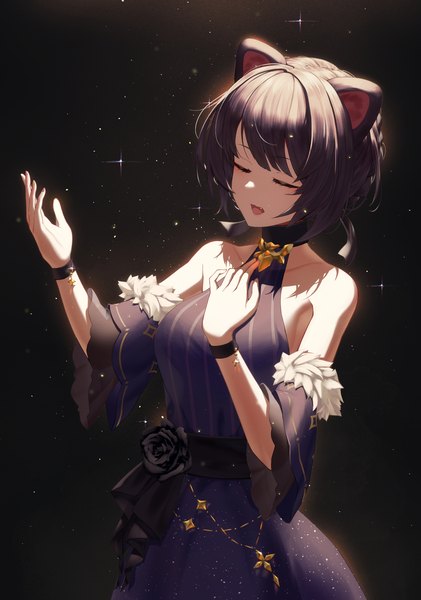 Anime picture 1652x2353 with virtual youtuber nijisanji inui toko shioneko (0202) single tall image short hair open mouth black hair simple background standing bare shoulders animal ears eyes closed nail polish wide sleeves sparkle fang (fangs) fur trim hand on chest