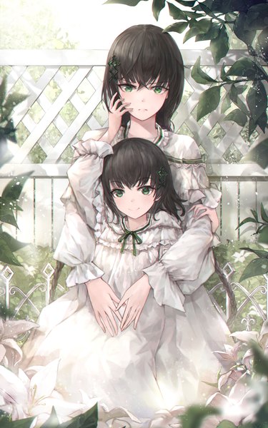 Anime picture 2500x4000 with original crystalherb tall image looking at viewer blush fringe highres short hair black hair smile hair between eyes sitting twintails multiple girls green eyes outdoors braid (braids) very long hair long sleeves arm up