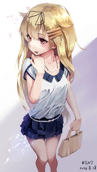 Anime picture 1973x3507 with kantai collection yuudachi destroyer kentllaall single long hair tall image blush highres open mouth blonde hair red eyes holding signed looking away pleated skirt from above teeth fang (fangs) dated remodel (kantai collection)
