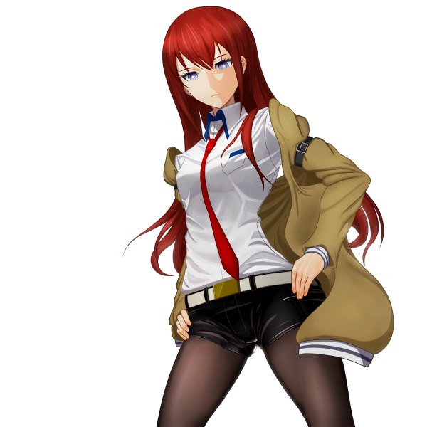 Anime picture 1200x1200 with steins;gate white fox makise kurisu taka (takahirokun) single long hair blue eyes simple background white background red hair girl pantyhose necktie shorts black pantyhose