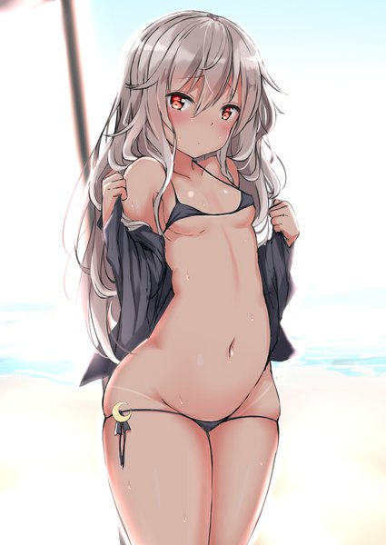 Anime picture 767x1083 with kantai collection kikuzuki destroyer yukishiro arute single long hair tall image looking at viewer blush fringe breasts light erotic hair between eyes red eyes standing bare shoulders sky silver hair outdoors bare belly sweat