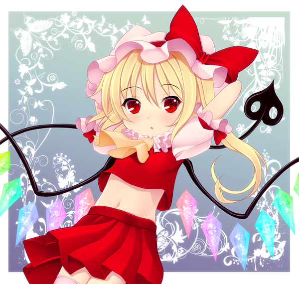Anime picture 1200x1141 with touhou flandre scarlet kiyomin single short hair blonde hair red eyes loli one side up border outside border girl skirt navel bow weapon wings bonnet skirt set laevatein (touhou)