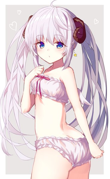 Anime picture 663x1080 with original tsuzaki tsunomi single long hair tall image looking at viewer blush fringe blue eyes light erotic simple background hair between eyes standing twintails payot silver hair ahoge looking back horn (horns) underwear only