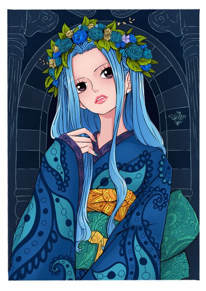 Anime picture 1448x2048 with one piece toei animation nefertari vivi sherumaru (korcht06) single long hair tall image brown eyes signed payot blue hair looking away nail polish traditional clothes parted lips head tilt japanese clothes hair flower fingernails lips