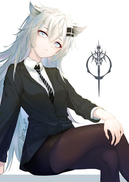 Anime picture 1413x2000 with arknights lappland (arknights) leria v single long hair tall image looking at viewer fringe breasts simple background hair between eyes white background sitting signed animal ears silver hair long sleeves head tilt arm support alternate costume