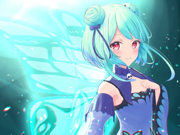 Anime picture 1920x1440 with virtual youtuber hololive uruha rushia uruha rushia (1st costume) mizuhi kou single looking at viewer blush highres short hair smile red eyes upper body green hair hair bun (hair buns) insect wings butterfly wings girl detached sleeves wings