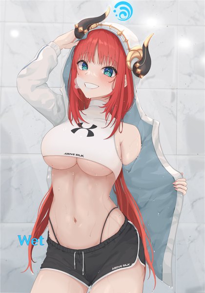 Anime picture 3500x5000 with genshin impact nilou (genshin impact) gwan-e single long hair tall image looking at viewer blush fringe highres breasts light erotic smile standing twintails absurdres red hair blunt bangs arm up horn (horns)