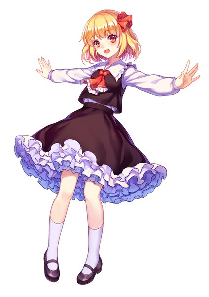 Anime picture 1000x1414 with touhou rumia mirror (xilu4) single tall image looking at viewer blush short hair open mouth simple background blonde hair red eyes white background full body spread arms girl skirt ribbon (ribbons) hair ribbon socks