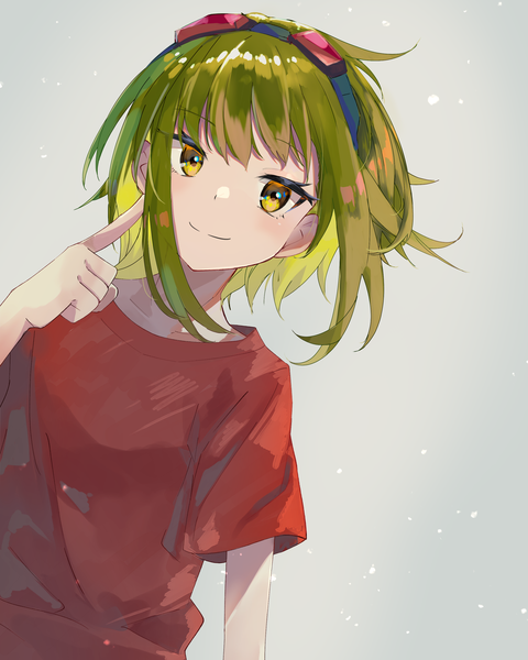 Anime picture 2480x3100 with vocaloid gumi note55885 single tall image looking at viewer highres short hair simple background smile yellow eyes upper body green hair grey background goggles on head girl t-shirt goggles