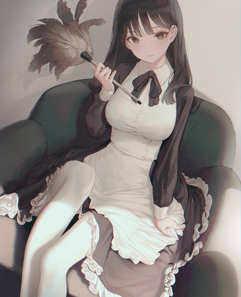 Anime picture 1218x1500 with original seol single long hair tall image looking at viewer fringe breasts black hair hair between eyes large breasts sitting holding blunt bangs long sleeves sunlight arm support maid frilled dress girl