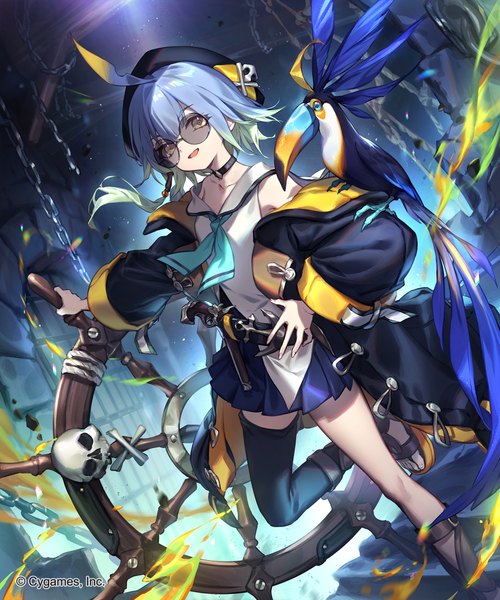 Anime picture 1200x1440 with shadowverse barbaros (shadowverse) umberwig single long hair tall image fringe open mouth smile hair between eyes standing holding blue hair full body ahoge bent knee (knees) :d pleated skirt multicolored hair off shoulder