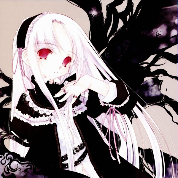 Anime picture 1500x1499 with rozen maiden suigintou sumi keiichi long hair red eyes white hair black wings gothic girl dress wings hairband black dress ring