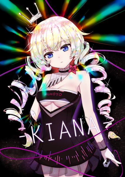 Anime picture 2149x3035 with honkai impact 3rd benghuai xueyuan honkai (series) kiana kaslana fufumi single long hair tall image fringe highres breasts blue eyes light erotic simple background hair between eyes large breasts standing twintails bare shoulders holding