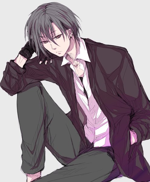 Anime picture 772x936 with original hako (pixiv13780538) single tall image fringe short hair simple background hair between eyes sitting bent knee (knees) pink eyes grey hair grey background arm support piercing looking down ear piercing open collar boy gloves