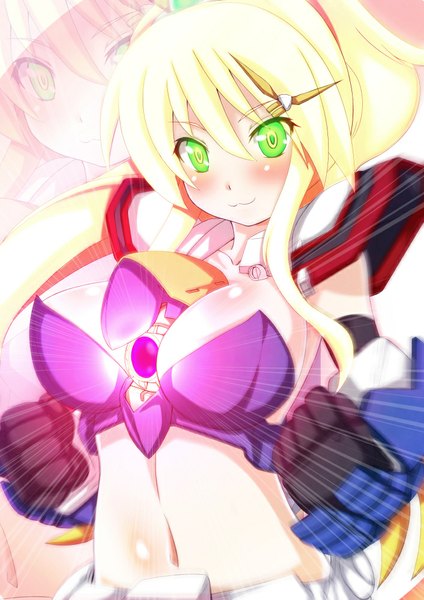 Anime picture 707x1000 with mobile suit gundam sunrise (studio) ebi 193 single long hair tall image looking at viewer blush fringe breasts light erotic blonde hair smile large breasts green eyes upper body ponytail :3 girl