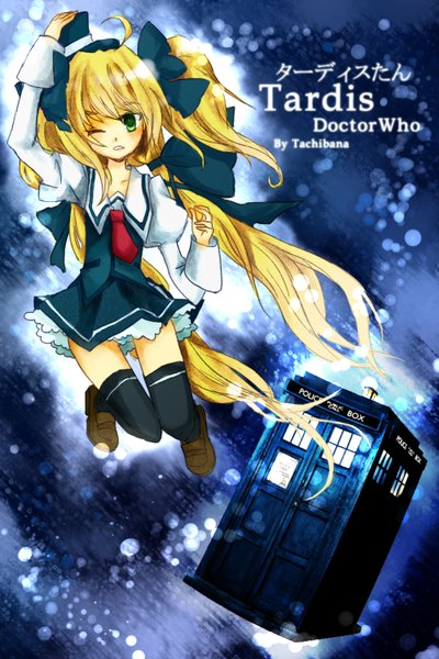 Anime picture 1000x1500 with the doctor tardis tachibana neko (artist) single tall image blush green eyes very long hair one eye closed wink girl thighhighs uniform bow black thighhighs hair bow school uniform shoes phone booth