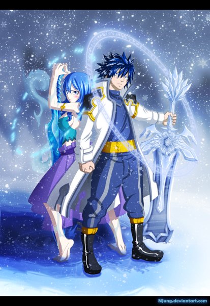 Anime picture 900x1307 with fairy tail gray fullbuster juvia lockser natilokijung long hair tall image blush short hair blue eyes blue hair looking back barefoot coloring magic snowing letterboxed winter snow back to back girl