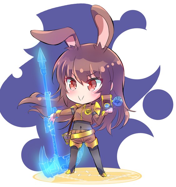 Anime picture 1883x2000 with rwby rooster teeth velvet scarlatina single long hair tall image highres smile brown hair brown eyes animal ears full body bunny ears covered navel bunny girl chibi :> girl weapon pantyhose