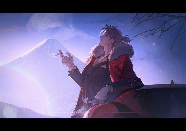 Anime picture 2508x1771 with fate (series) fate/grand order takeda shingen (fate) fomnant single highres short hair outdoors ponytail profile grey hair fur trim letterboxed smoke mountain half updo smoking boy fur fur collar