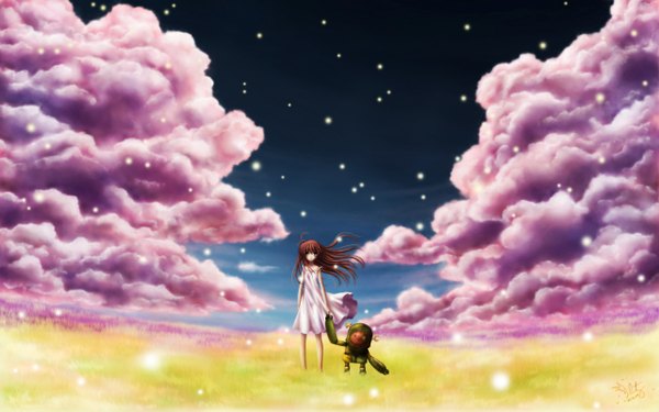 Anime picture 2560x1600 with clannad key (studio) okazaki ushio okazaki tomoya girl from the illusionary world stelladoll highres wide image cloud (clouds) dress tagme