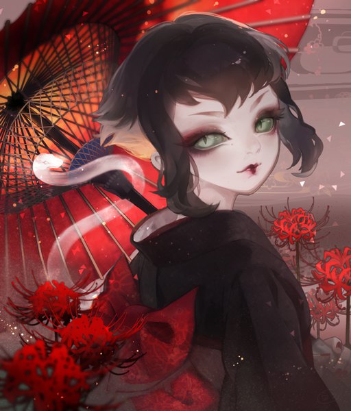 Anime picture 682x800 with teenage mutant ninja turtles karai bnob (rau) single tall image looking at viewer short hair black hair green eyes payot upper body traditional clothes japanese clothes looking back lipstick turning head eyebrows pale skin eyeshadow red lipstick