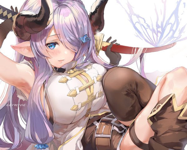 Anime picture 2048x1651 with granblue fantasy narmaya (granblue fantasy) ooluoul single long hair looking at viewer blush fringe highres breasts blue eyes light erotic purple hair horn (horns) pointy ears hair over one eye armpit (armpits) character names huge breasts draph