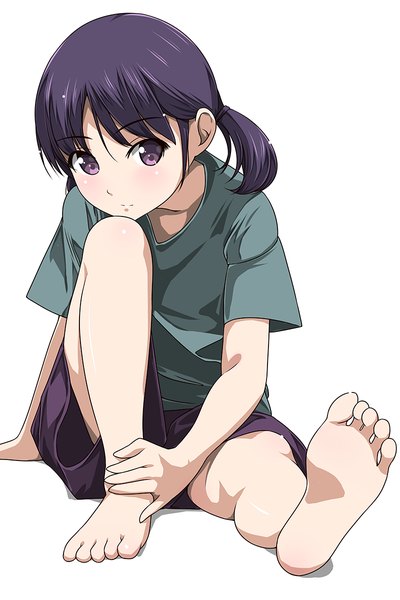 Anime picture 800x1200 with original matsunaga kouyou single long hair tall image looking at viewer black hair simple background white background purple eyes barefoot bare legs girl shorts