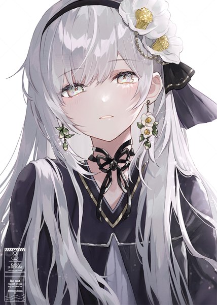 Anime picture 800x1122 with original shiromine kana single long hair tall image looking at viewer fringe simple background hair between eyes white background silver hair upper body hair flower silver eyes girl flower (flowers) ribbon (ribbons) hair ribbon earrings camellia (flower)