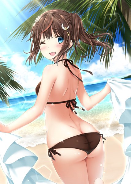 Anime picture 611x856 with original kyariko single tall image looking at viewer blush fringe short hair breasts open mouth blue eyes light erotic smile hair between eyes brown hair standing bare shoulders holding payot sky