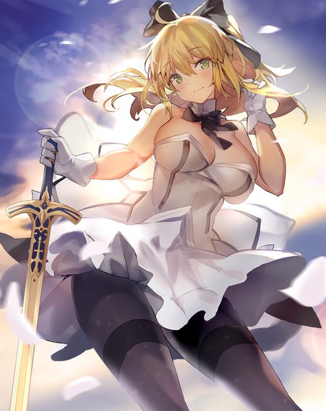 Anime picture 1000x1260 with fate (series) fate/unlimited codes artoria pendragon (all) saber lily miyazaki byou single long hair tall image looking at viewer blush fringe breasts light erotic blonde hair hair between eyes large breasts standing bare shoulders holding green eyes