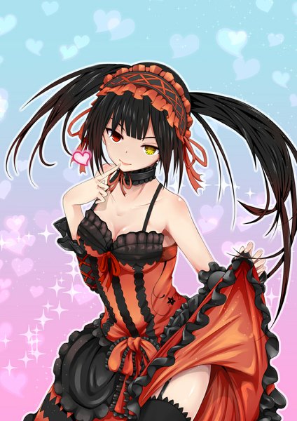 Anime picture 723x1023 with date a live tokisaki kurumi kagura ren single long hair tall image looking at viewer black hair twintails heterochromia finger to mouth uneven twintails girl thighhighs dress black thighhighs frills heart