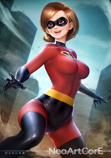 Anime picture 800x1132 with the incredibles disney elastigirl nudtawut thongmai single tall image blush fringe short hair breasts open mouth light erotic smile brown hair standing brown eyes signed looking away sky bent knee (knees)