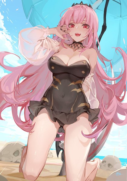 Anime picture 1396x2000 with virtual youtuber hololive hololive english mori calliope akizero1510 single long hair tall image looking at viewer breasts open mouth light erotic red eyes large breasts pink hair nail polish :d from below kneeling black nail polish
