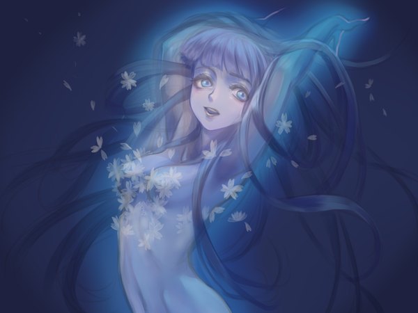 Anime picture 1400x1050 with original jian liuren single long hair fringe breasts open mouth blue eyes light erotic simple background blue hair purple hair multicolored hair nude arms up two-tone hair armpit (armpits) arms behind head glow girl