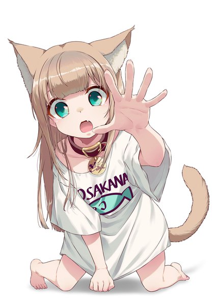 Anime picture 1000x1414 with original kinako (iyapan) 40hara single long hair tall image looking at viewer blush fringe open mouth simple background blonde hair white background animal ears payot full body blunt bangs barefoot aqua eyes cat ears