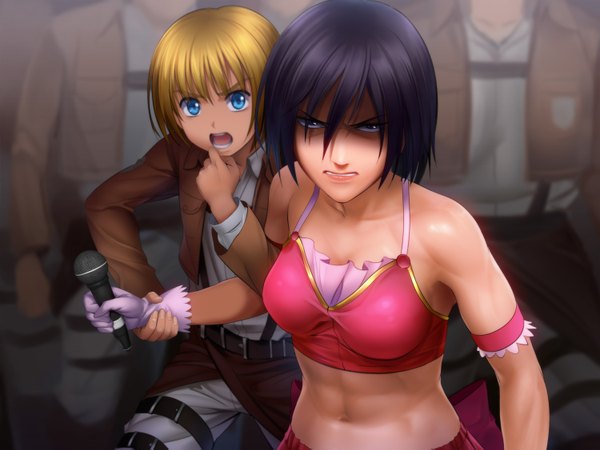 Anime picture 1500x1125 with shingeki no kyojin production i.g mikasa ackerman armin arlert mutsuki (moonknives) short hair open mouth blue eyes black hair blonde hair bare shoulders midriff shaded face humor girl boy gloves navel jacket belt