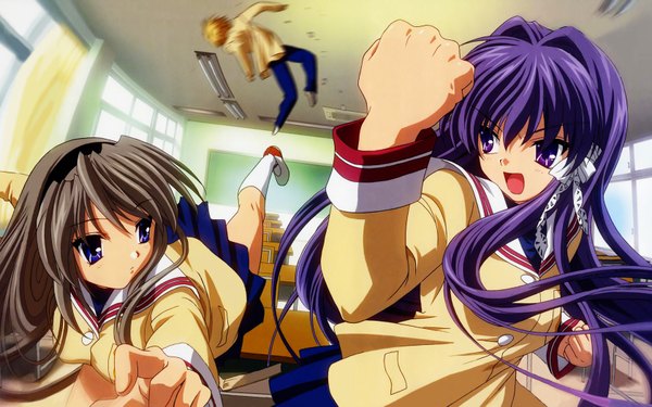 Anime picture 1680x1050 with clannad key (studio) fujibayashi kyou sakagami tomoyo long hair blue eyes wide image purple eyes blue hair grey hair kick punch girl uniform school uniform