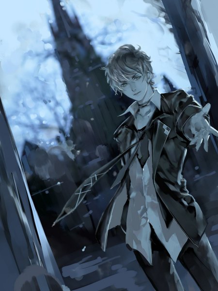 Anime picture 900x1200 with diabolik lovers idea factory mukami ruki risu single tall image looking at viewer fringe short hair standing outdoors parted lips multicolored hair wind lips outstretched arm gradient hair boy shirt necktie