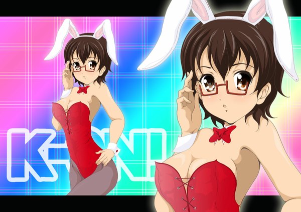 Anime picture 1113x787 with k-on! kyoto animation manabe nodoka nanashi noiji single short hair breasts light erotic brown hair large breasts animal ears cleavage bunny ears copyright name hand on hip fake animal ears bunny girl letterboxed zoom layer girl