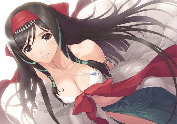 Anime picture 1817x1279 with shining (series) shining hearts kaguya (shining hearts) tony taka single long hair fringe highres breasts light erotic black hair smile twintails brown eyes black eyes open clothes official art legs girl navel