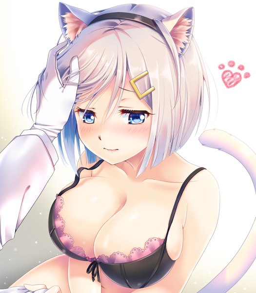 Anime picture 1000x1142 with kantai collection hamakaze destroyer admiral (kantai collection) hakuda tofu tall image blush fringe short hair breasts blue eyes light erotic large breasts bare shoulders animal ears looking away cleavage white hair tail animal tail cat ears