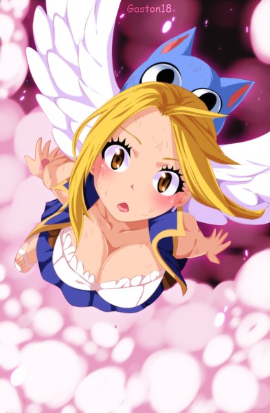 Anime picture 656x1000 with fairy tail lucy heartfilia happy (fairy tail) tongasart long hair tall image open mouth light erotic blonde hair brown eyes black eyes tattoo sleeveless coloring smoke flying girl earrings animal cat