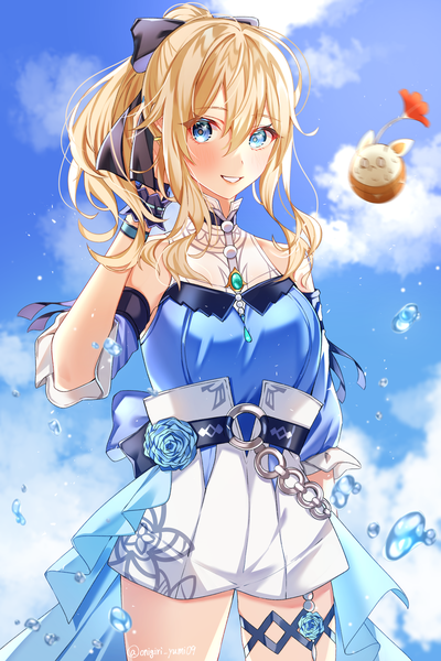 Anime picture 3600x5400 with genshin impact jean gunnhildr onigiri yumi09 single long hair tall image looking at viewer blush fringe highres breasts blue eyes blonde hair smile hair between eyes standing bare shoulders signed payot absurdres