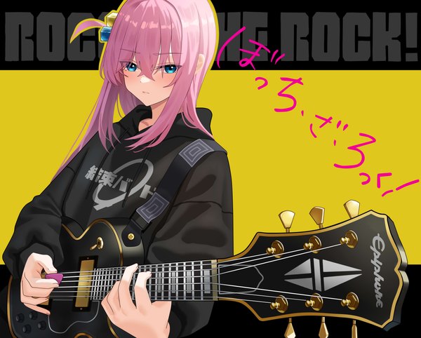 Anime picture 2500x2010 with bocchi the rock! cloverworks gotou hitori fujioni single long hair looking at viewer fringe highres blue eyes hair between eyes pink hair upper body copyright name one side up playing instrument girl hair ornament hood hoodie