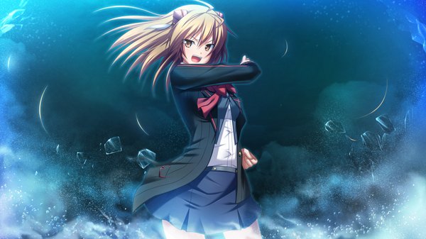Anime picture 1024x576 with soukoku no arterial short hair open mouth brown hair wide image brown eyes game cg girl skirt uniform school uniform miniskirt